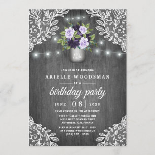 Invitación Fiesta de cumpleaños rústico con flor gris morado