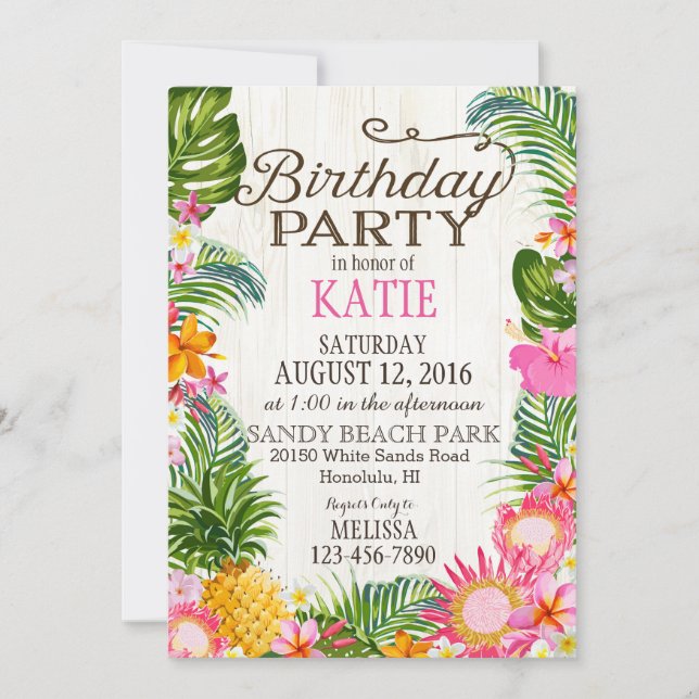 Invitación Fiesta de Cumpleaños Rústico de Luau Hawiian Beach (Anverso)