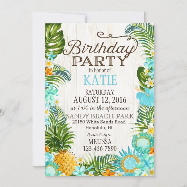 Invitación Fiesta de Cumpleaños Rústico de Luau Hawiian Beach (Anverso)