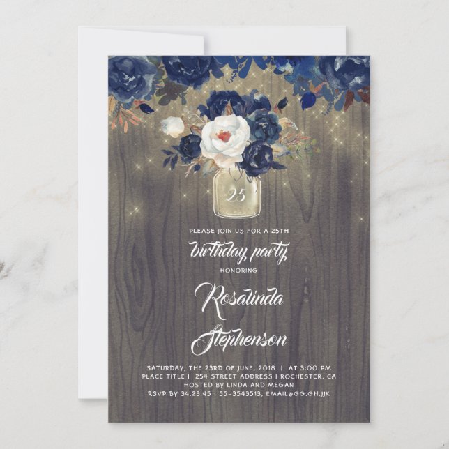 Invitación Fiesta de cumpleaños rústico de Navy Floral Mason  (Anverso)
