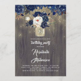 Invitación Fiesta de cumpleaños rústico de Navy Floral Mason 