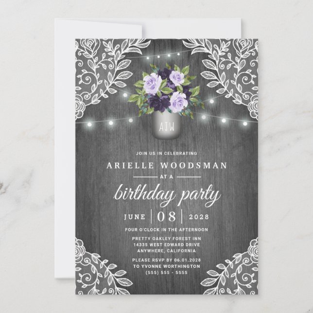 Invitación Fiesta de cumpleaños Rústico Morado de Plata Gris  (Anverso)