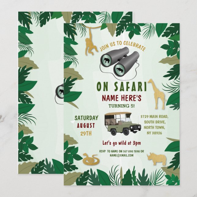 Invitación Fiesta de cumpleaños Safari Animales salvajes Jung (Anverso / Reverso)