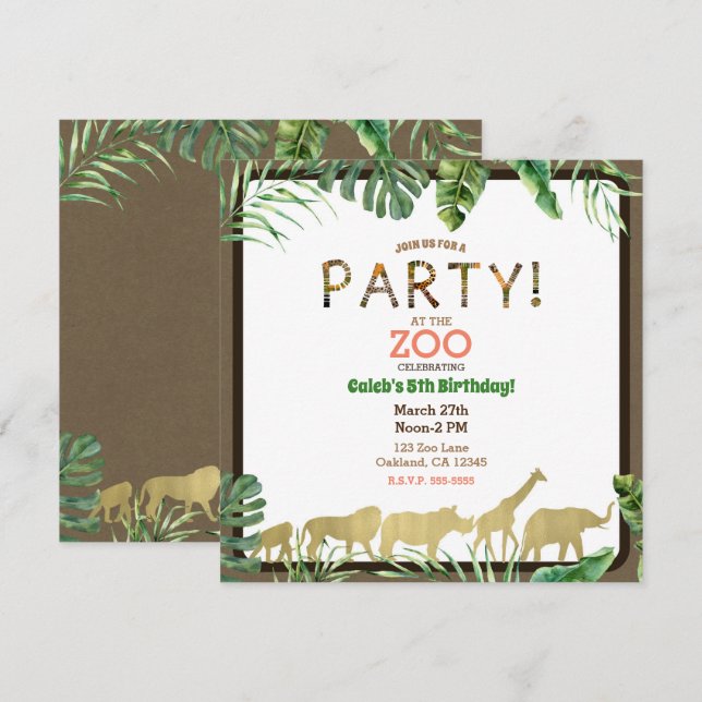 Invitación Fiesta de cumpleaños Safari de Zoológico de Oro (Anverso / Reverso)