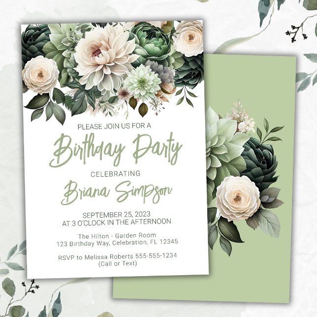 Invitación Fiesta de cumpleaños Sage Green Floral (Subido por el creador)