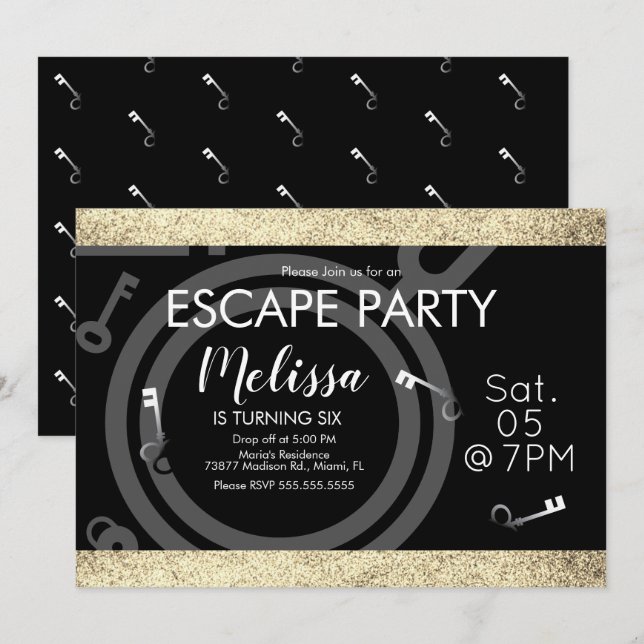 Invitación Fiesta de Cumpleaños Sala de Escape Brillo Falso N (Anverso / Reverso)