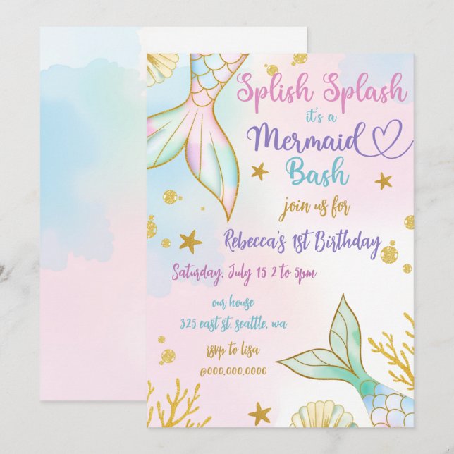 Invitación Fiesta de Cumpleaños Salpicadura Bash de Sirena (Anverso / Reverso)