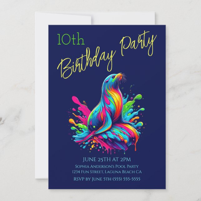 Invitación Fiesta de Cumpleaños- Salpicadura Colorida de Lobo (Anverso)