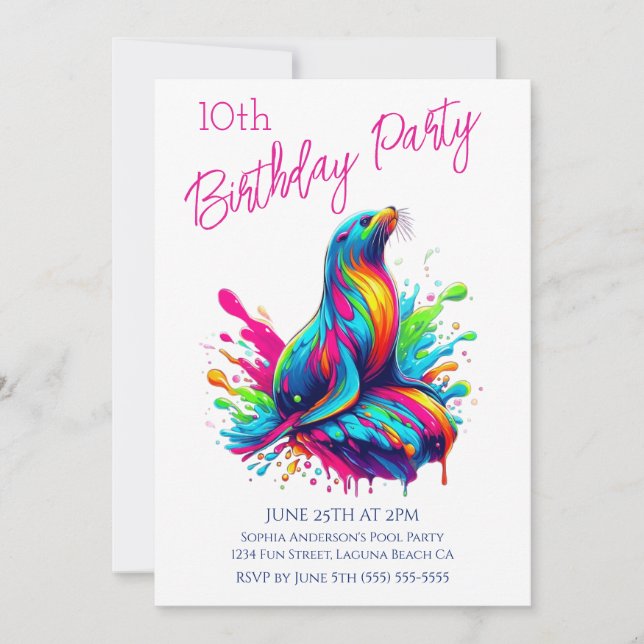 Invitación Fiesta de Cumpleaños - Salpicadura de Lobo Marino  (Anverso)