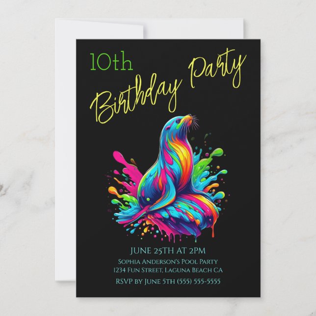 Invitación Fiesta de Cumpleaños - Salpicadura de Lobo Marino  (Anverso)