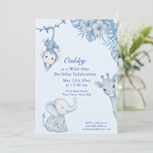 Invitación Fiesta de cumpleaños salvaje azul y blanco adorabl