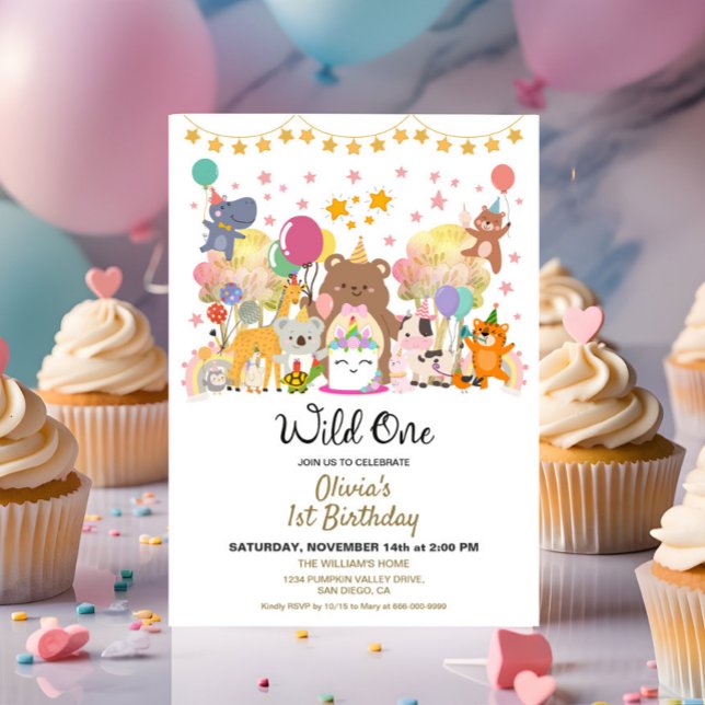 Invitación Fiesta de cumpleaños salvaje en el bosque  (Woodland Wild One 1st birthday girl party invitation)