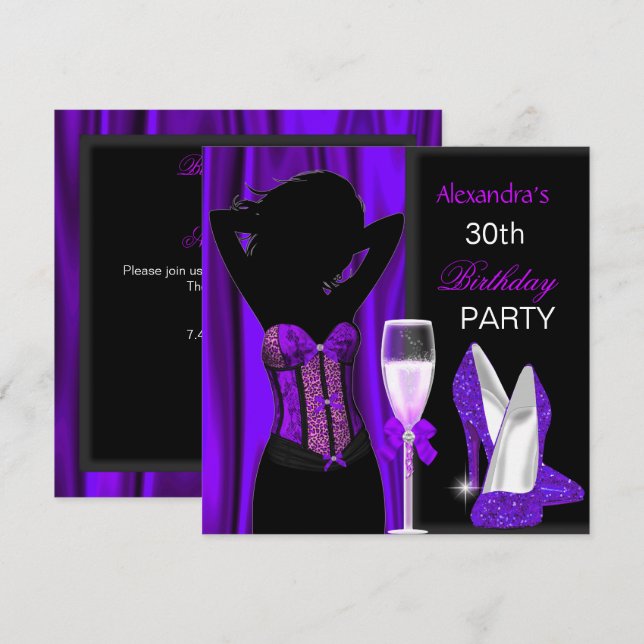Invitación Fiesta de Cumpleaños Salvaje Morado Glamuroso de L (Anverso / Reverso)