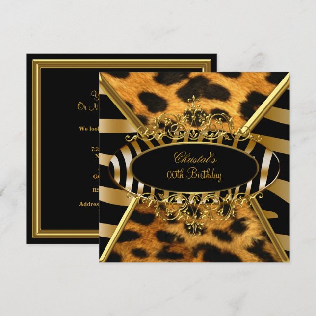 Invitación Fiesta de Cumpleaños Salvaje Oro Negro Cebra Leopa (Anverso / Reverso)