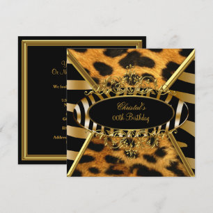 Invitación Fiesta de Cumpleaños Salvaje Oro Negro Cebra Leopa