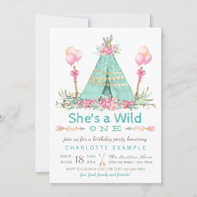 Invitación Fiesta de Cumpleaños Salvaje Teepee Primer Cumplea (Anverso)