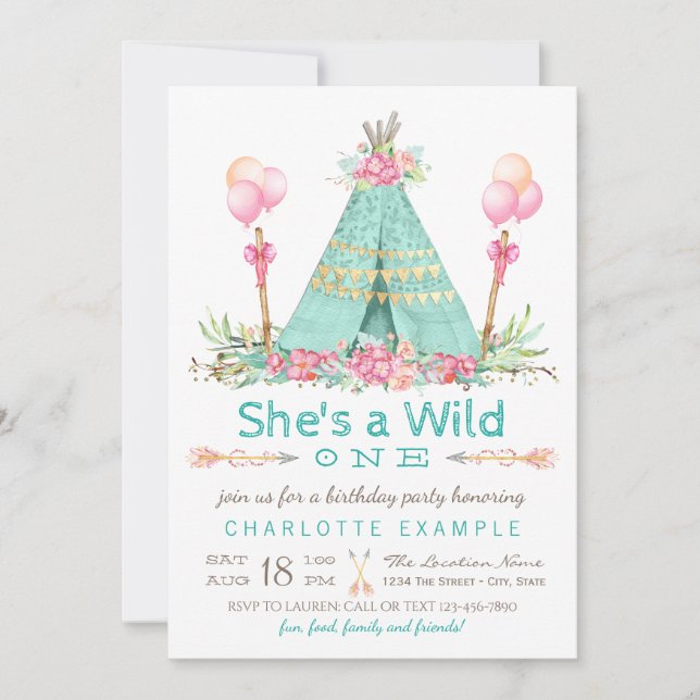 Invitación Fiesta de Cumpleaños Salvaje Teepee Primer Cumplea (Anverso)