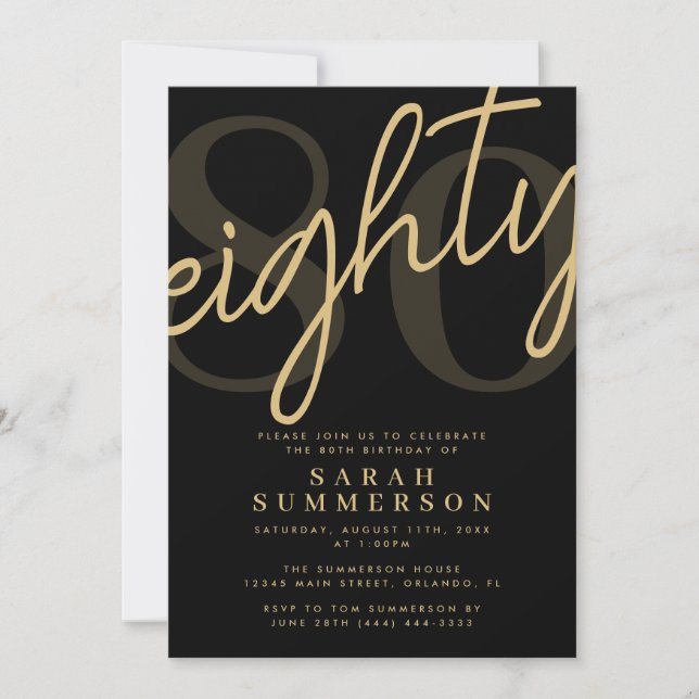 Invitación Fiesta de cumpleaños Script Eighty Black Gold 80 (Anverso)