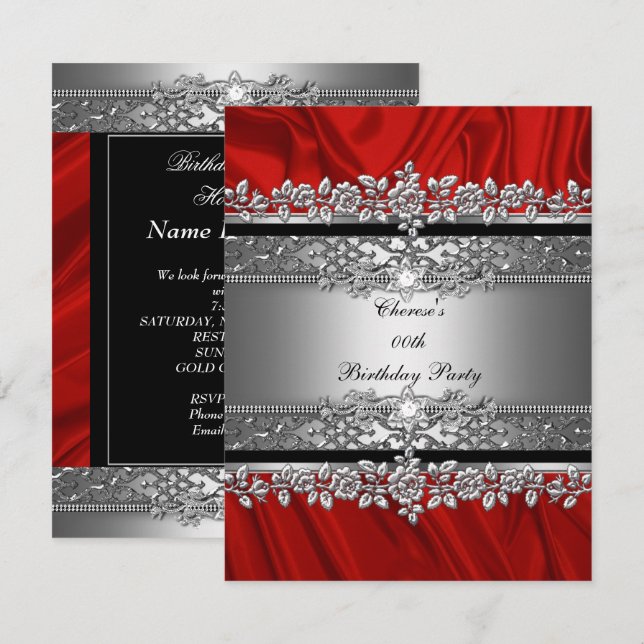 Invitación Fiesta de Cumpleaños Seda Roja Diamante Negro Plat (Anverso / Reverso)