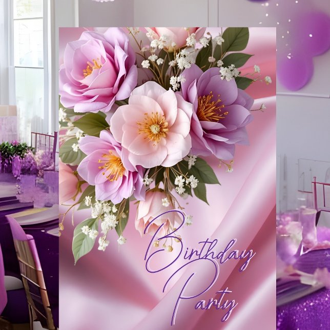 Invitación Fiesta de Cumpleaños Seda Rosada Flores de Lila (Subido por el creador)