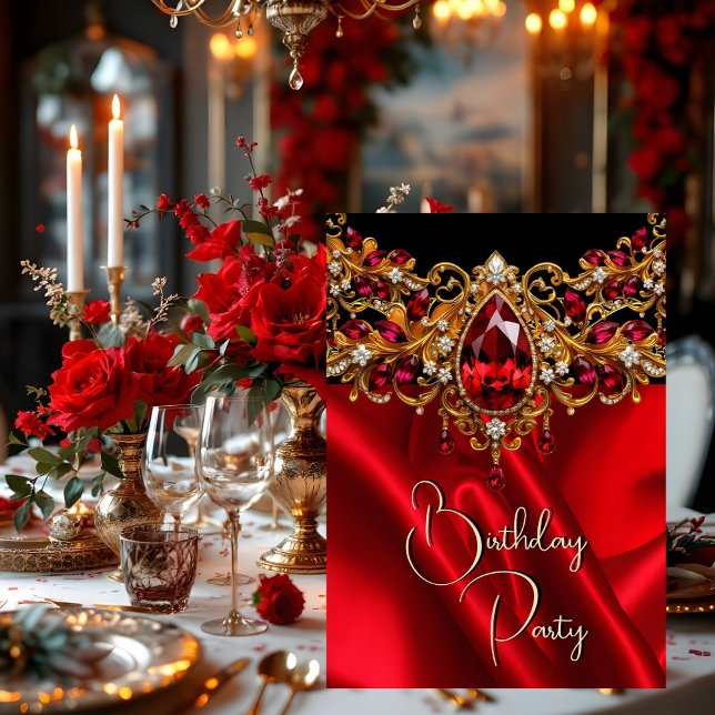 Invitación Fiesta de Cumpleaños Seda Rubí Rojo joya Gema Negr (Subido por el creador)