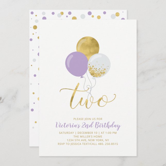 Invitación Fiesta de cumpleaños segundo Chica de los Globos P (Anverso / Reverso)