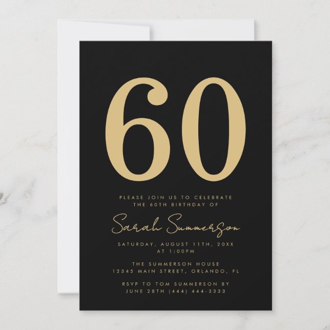 Invitación Fiesta de cumpleaños sesenta 60 Moderno Negro Dora (Anverso)