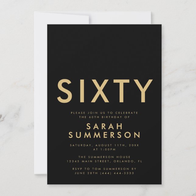 Invitación Fiesta de cumpleaños sesenta 60 Moderno Negro Oro (Anverso)