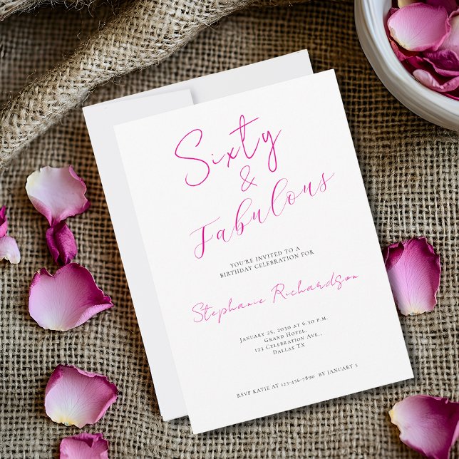 Invitación Fiesta de cumpleaños sesenta y fabulosa con guión  (Celebrate a 60th birthday event  with this 5" x 7" invitation)
