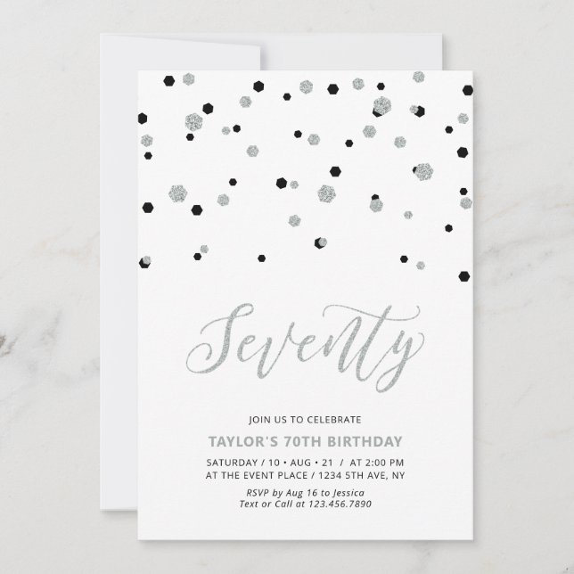 Invitación Fiesta de cumpleaños setenta 70 simple negro y pla (Anverso)