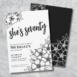 Invitación Fiesta de Cumpleaños setenta Chic Setenta Negro Bl<br><div class="desc">Invitación de cumpleaños número 70 Chic Setenta en negro y blanco. Una divertida pero elegante invitación de cumpleaños número 70 con flores femeninas en negro y blanco para los jóvenes de corazón. Un patrón de flores juguetón enmarca una tipografía script que dice "ella tiene setenta" mezclada con una fuente serif...</div>