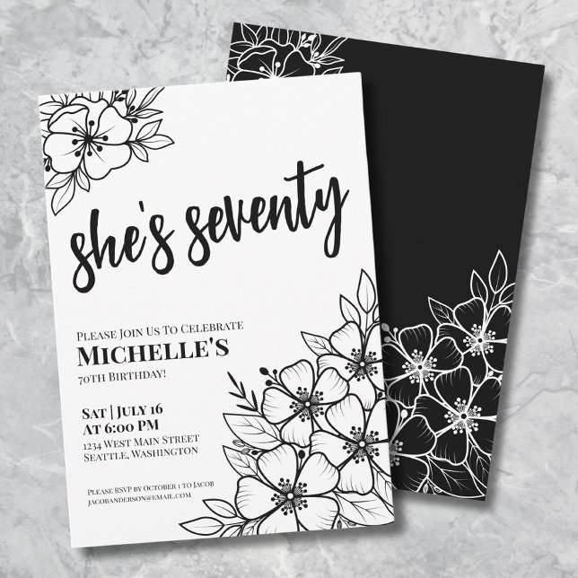 Invitación Fiesta de Cumpleaños setenta Chic Setenta Negro Bl (Chic Seventy Black White 70th Birthday Party Invitation)