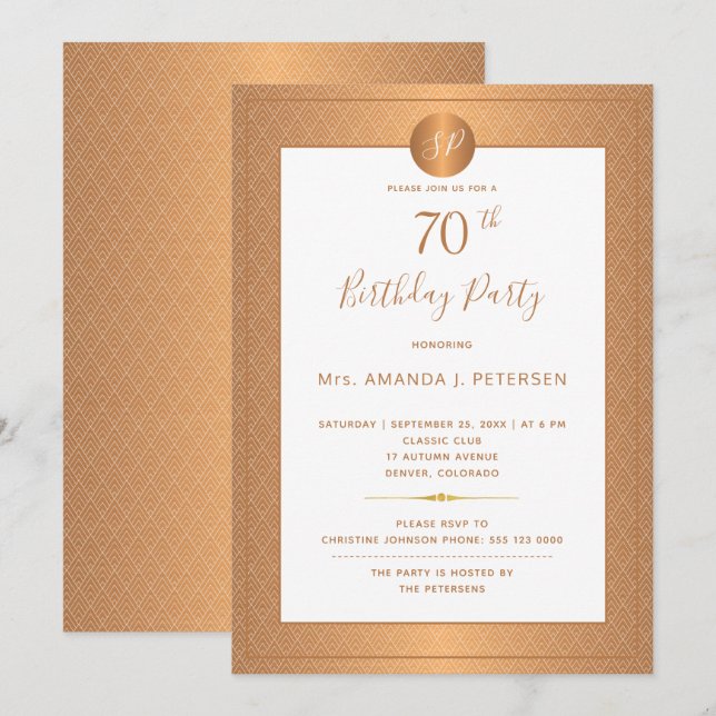 Invitación Fiesta de cumpleaños setenta elegante con monogram (Anverso / Reverso)