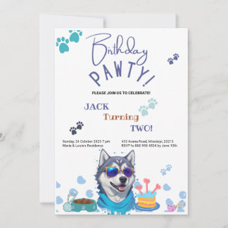 Invitación Fiesta de Cumpleaños Siberian Husky Perro Cumpleañ