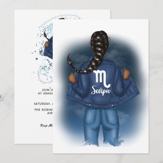 Invitación Fiesta de cumpleaños signo Escorpio afroamericano (Anverso / Reverso)