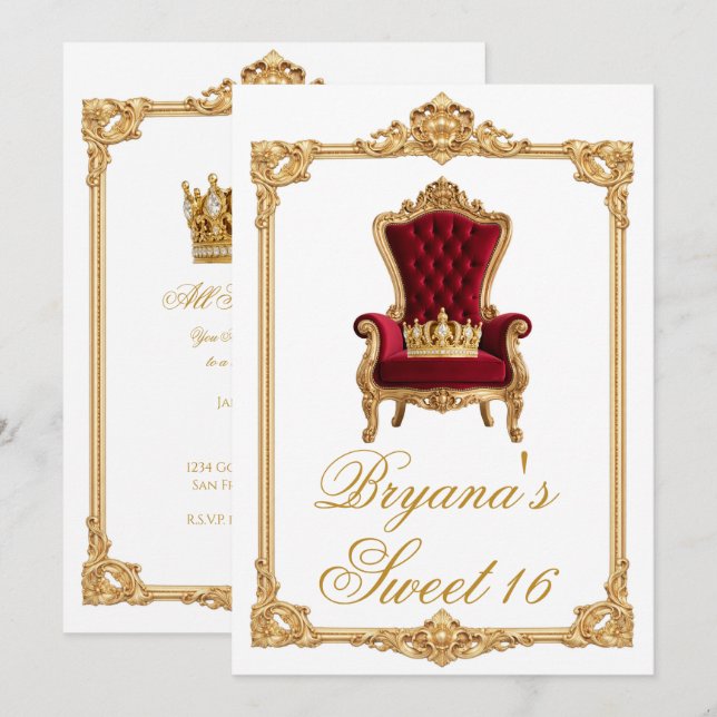 Invitación Fiesta de cumpleaños Silla Real Coronada en Oro (Anverso / Reverso)
