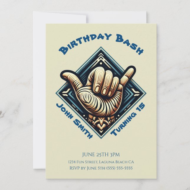 Invitación Fiesta de Cumpleaños- Símbolo de Mano de Surfista- (Anverso)
