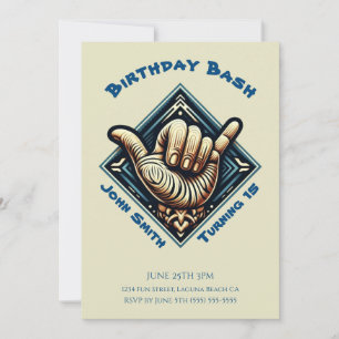 Invitación Fiesta de Cumpleaños- Símbolo de Mano de Surfista-