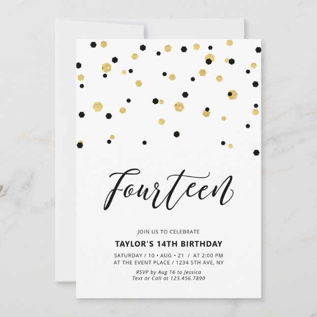 Invitación Fiesta de cumpleaños simple Black & Gold para adol (Anverso)