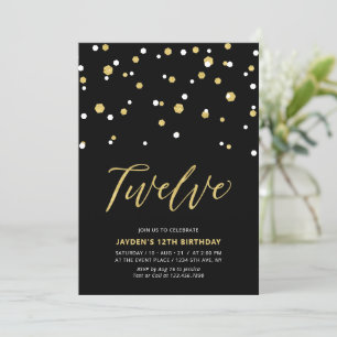 Invitación Fiesta de cumpleaños simple de 12 años en negro y