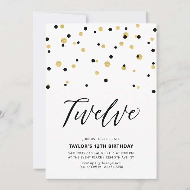 Invitación Fiesta de cumpleaños simple de 12 años en negro y  (Anverso)