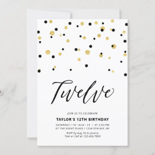 Invitación Fiesta de cumpleaños simple de 12 años en negro y