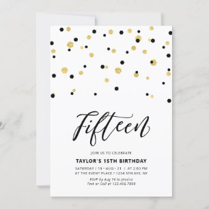 Invitación Fiesta de cumpleaños simple de 15 años en negro y 