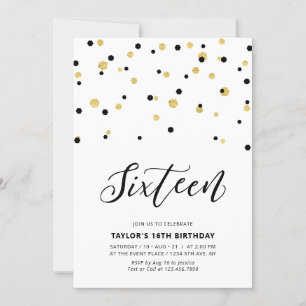 Invitación Fiesta de cumpleaños simple de 16 años en negro y