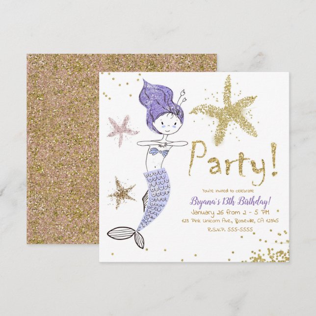 Invitación Fiesta de Cumpleaños Sirena con Brillo Purpura y D (Anverso / Reverso)