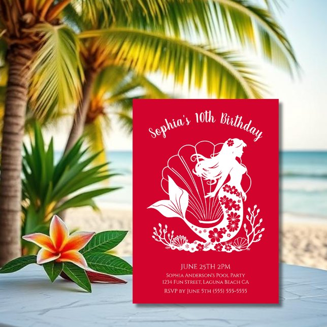 Invitación Fiesta de Cumpleaños-Sirena Hawaiana (Hawaiian Mermaid Tropical Flowers Sea Shells Coral, Summer Beach, Fisherman Style Birthday )