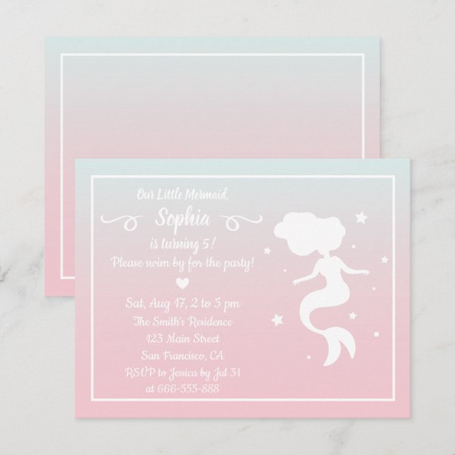 Invitación Fiesta de Cumpleaños Sirena Silueta Rosa Azul Ombr (Anverso / Reverso)