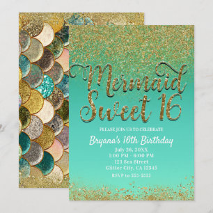 Invitación Fiesta de Cumpleaños Sirena Verde Ácido con Brillo