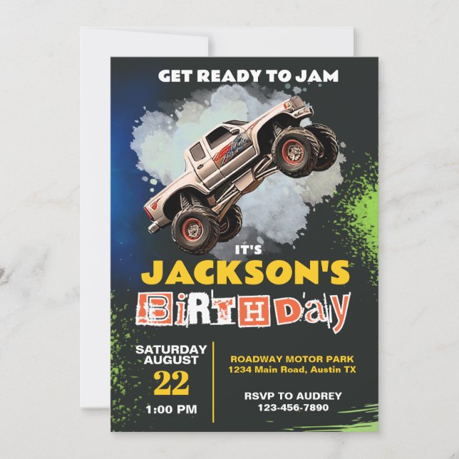 Invitación Fiesta de cumpleaños sobre el tema de Monster Truc (Anverso)