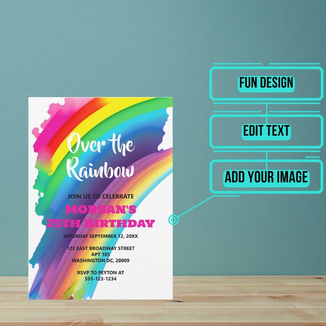Invitación Fiesta de cumpleaños sobre el tema del arcoiris (Rainbow themes are very popular for both adult and kids' parties.)